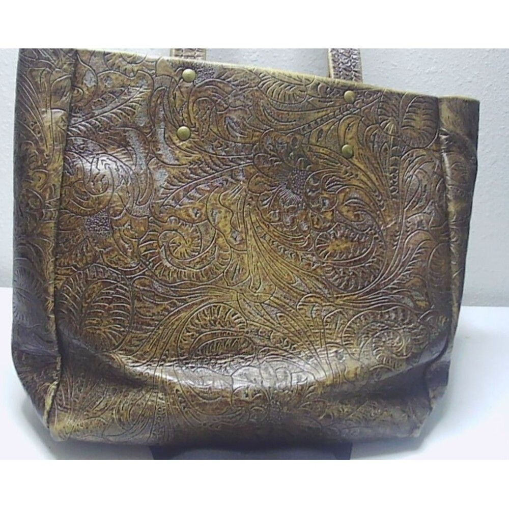 Vtg Handcrafted Embossed Tooled Leather Tote Bag Brown 10x5x10